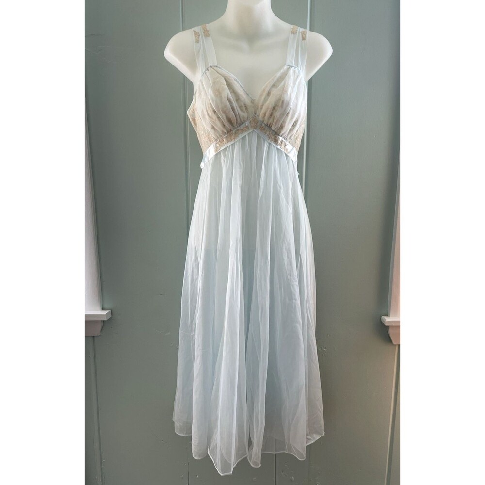 Vtg Vanity Fair Blue Gown Lingerie Lace Bodice Old Hollywood Chiffon Babydoll